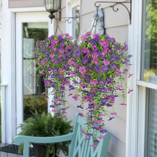 GhuaH 3 Pcs Artificial Hanging Flowers for Outdoors Spring Summer Purple Faux Silk Daisy Flowers UV Resistant Fake Plants Eucalyptus Realistic for Outside Home Indoor Planter Porch Garden Yard Decor - Image 4