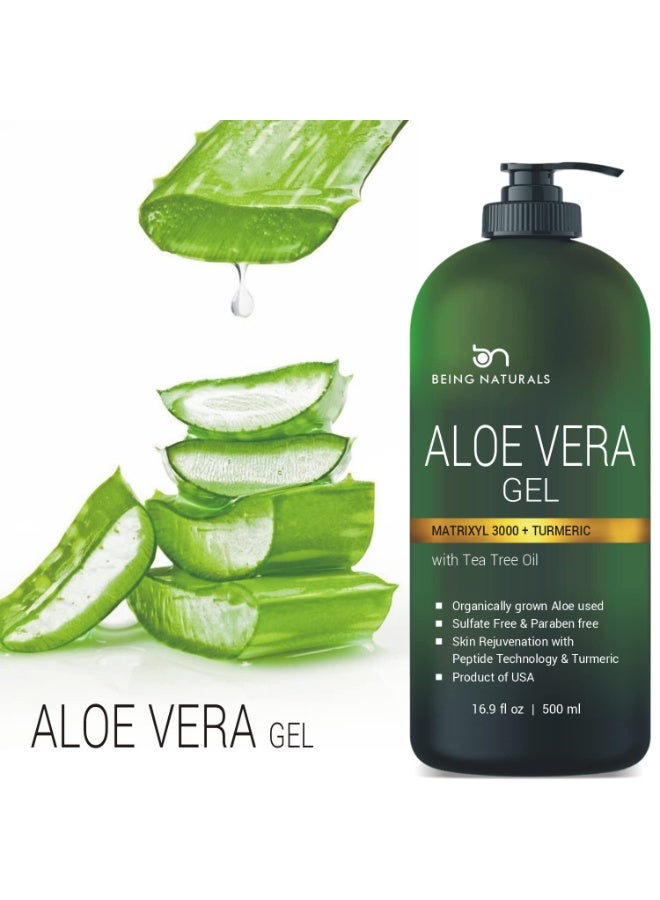 Being Naturals Aloe vera Gel - from 100% Pure Organic Aloe Infused with Matrixyl 3000 (Peptides), Turmeric - Natural Raw Moisturizer for Face, Body, Hair. Perfect for Sunburn, Acne, Razor Bumps 16.9 fl oz - Image 2