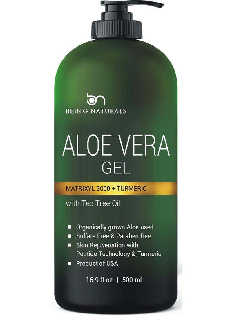 Being Naturals Aloe vera Gel - from 100% Pure Organic Aloe Infused with Matrixyl 3000 (Peptides), Turmeric - Natural Raw Moisturizer for Face, Body, Hair. Perfect for Sunburn, Acne, Razor Bumps 16.9 fl oz - Image 1