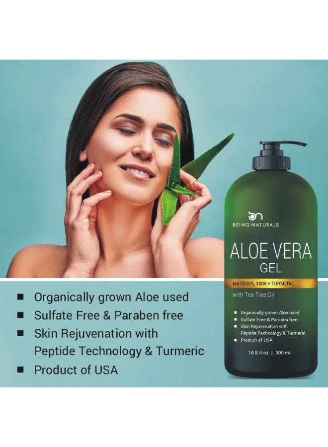 Being Naturals Aloe vera Gel - from 100% Pure Organic Aloe Infused with Matrixyl 3000 (Peptides), Turmeric - Natural Raw Moisturizer for Face, Body, Hair. Perfect for Sunburn, Acne, Razor Bumps 16.9 fl oz - Image 3