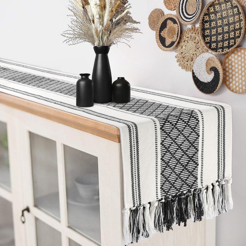 yuboo Black and White Striped Table Runner Farmhouse Style, Modern Short Woven Coffee Table Runner 48 Inches Long, Geometric Dresser Runners for Bedroom, Nightstand, Black Gothic Table Decor - Image 1