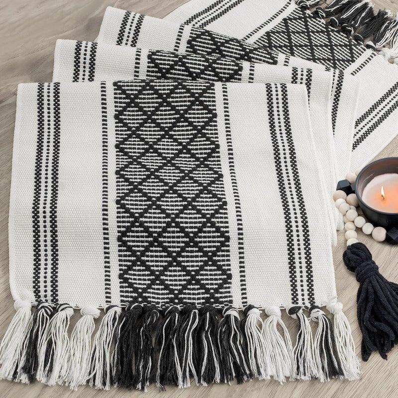 yuboo Black and White Striped Table Runner Farmhouse Style, Modern Short Woven Coffee Table Runner 48 Inches Long, Geometric Dresser Runners for Bedroom, Nightstand, Black Gothic Table Decor - Image 2