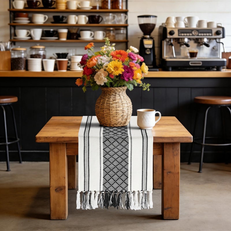 yuboo Black and White Striped Table Runner Farmhouse Style, Modern Short Woven Coffee Table Runner 48 Inches Long, Geometric Dresser Runners for Bedroom, Nightstand, Black Gothic Table Decor - Image 3