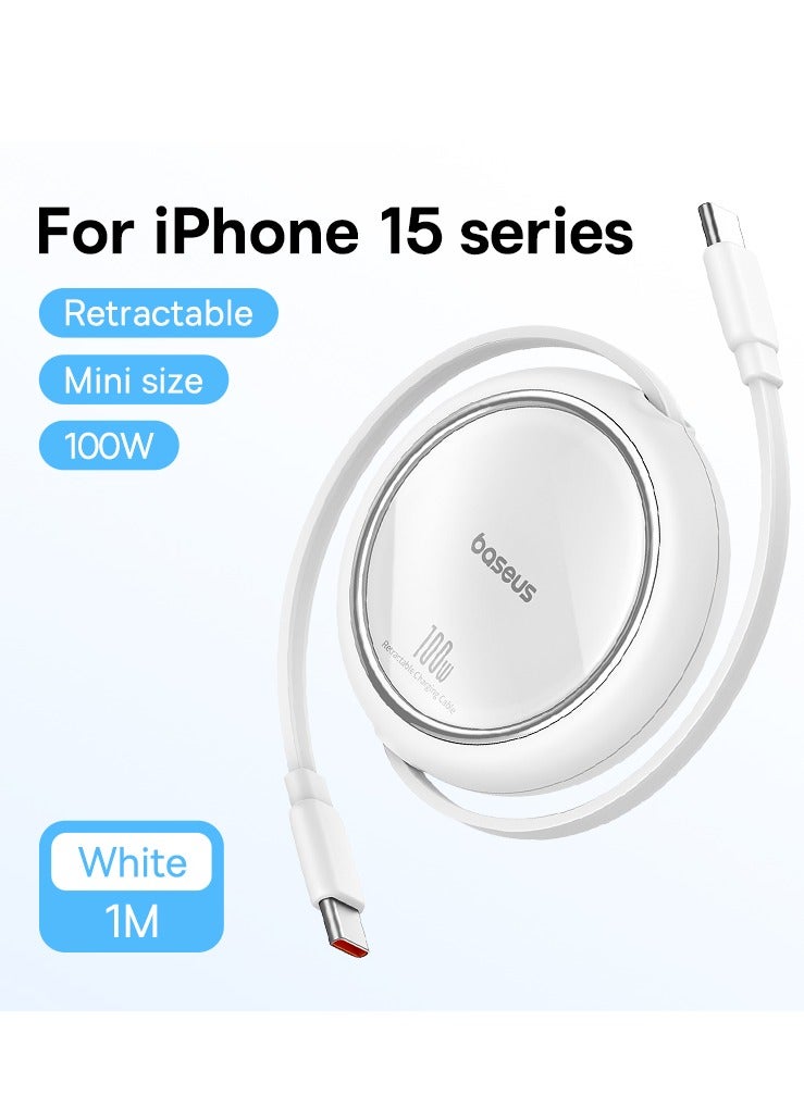 Baseus Retractable USB C Cable, Mini 100W USB C To USB-C PD 5A Fast Charging Cord 4-Stage Length Preset USB Type C Charger Cable For iPhone 15/Pro/Plus/Pro Max, MacBook, iPad Pro, Samsung S23/Switch White - Image 1