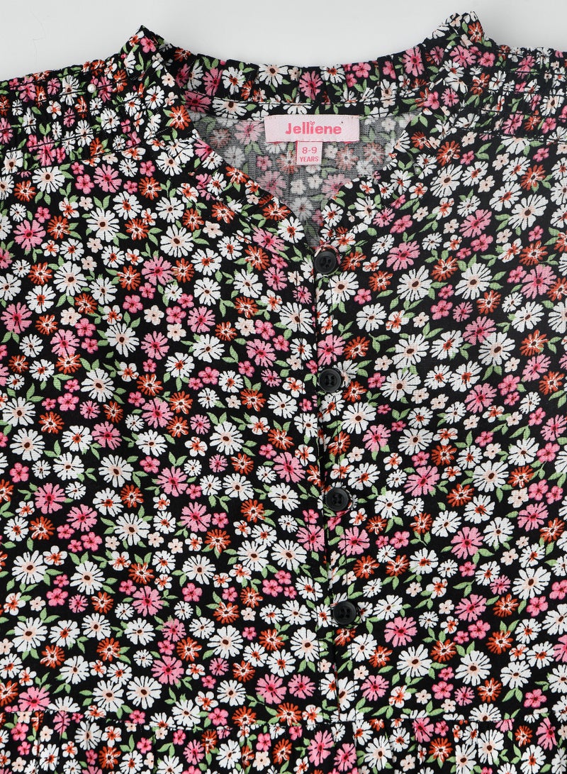 Jelliene فستان بناتي مطبوع بالكامل مصنوع من 100% فيسكوز، فستان ناعم وفضفاض للبنات - Image 3