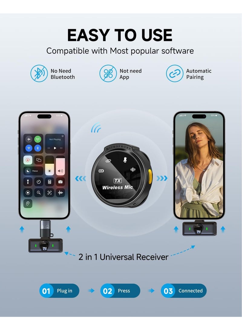 كادييب 2 قطعة ميكروفون لاسلكي احترافي للياقة البدنية لأجهزة iPhone وiPad وAndroid وPC مع محول متضمن لتقليل الضوضاء ومشبك للتوصيل والتشغيل على ميكروفون ياقة لليوتيوب والتسجيل والتدوين بالفيديو والبث المباشر  - Image 2
