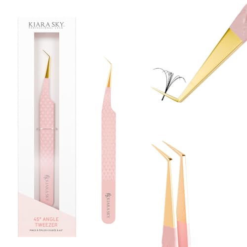 KIARA SKY LASH Tweezer for Eyelash Extensions Precision Fiber Tip Grip Volume Mega Volume and Lash Removal Fills Comfortable Ergonomic Design Pink and Gold 45 ANGLE TWEEZER - Image 1