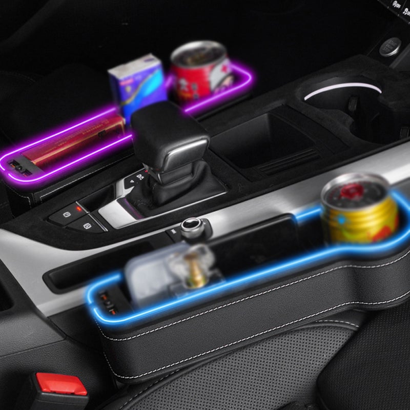Car Seat Trough Filler Organizer with USB LED Lights, Cup Holder Car Storage Box with 2 Fast-Charging Port Interior Accessory - Image 2