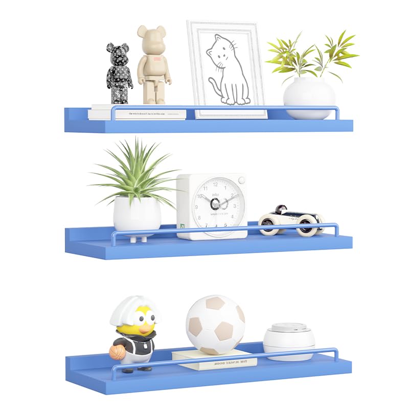 RYOFOBETTO Blue Floating Shelves Room Decor ShelvesPink Kawaii Room Decor Wall Shelves for Living Room Bedroom Picture Frames Plants Kitchen Set of 3 Blue - Image 1
