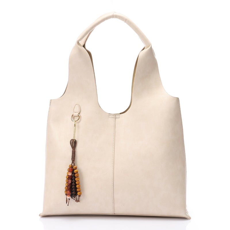 Mr.joe Tote Bag with Beaded Accessory  - Beige - Image 1