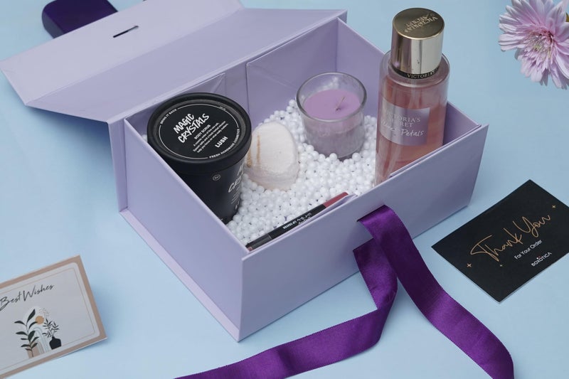 Boxotica Lavender Small Gift Box – Foldable Rigid Hamper with Ribbon & Greeting Card | 23.5×17×10 cm Reusable Keepsake Box for Jewelry, Chocolates, Weddings, Birthdays, Bridesmaid Proposals - Image 4