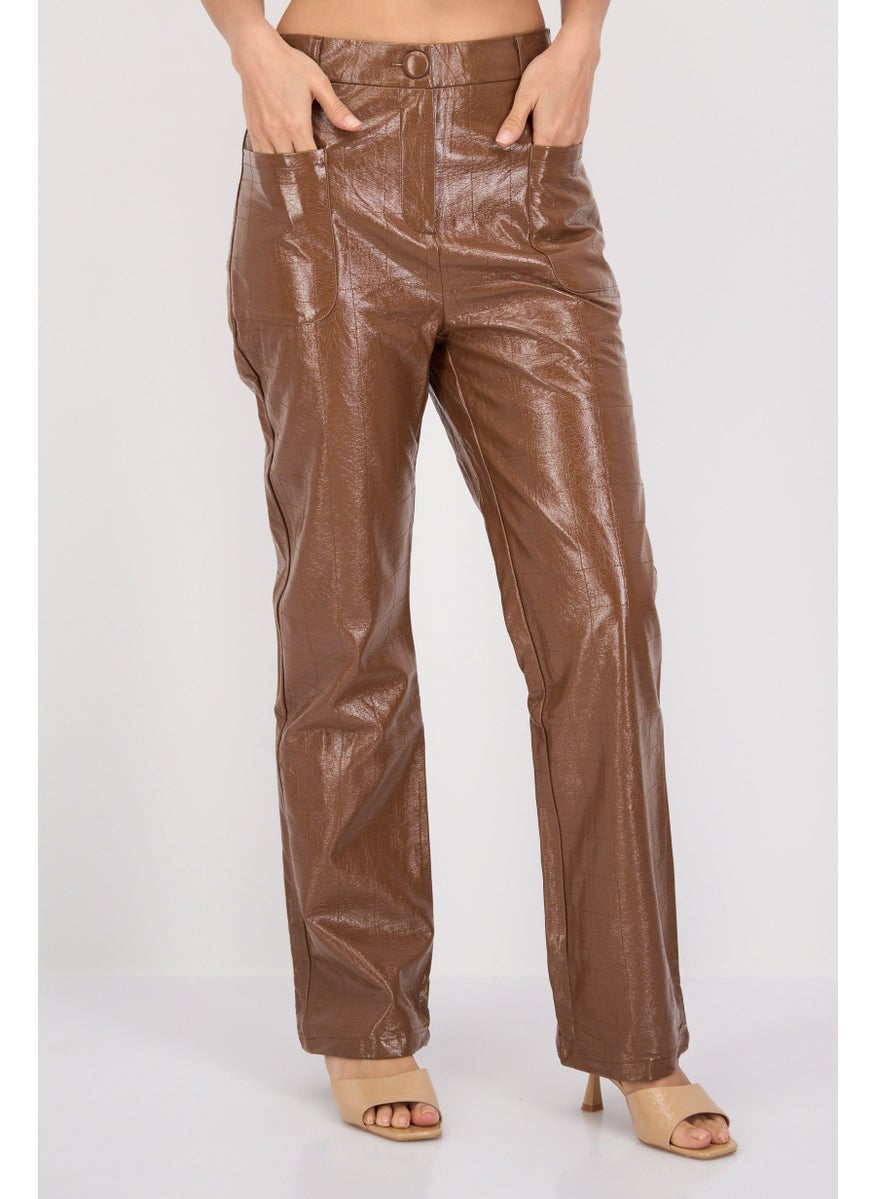 4th & Reckless - Women Regular Fit Solid Straight Pants, Brown - Image 1