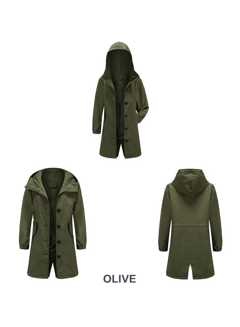 Loquat Women's New Waterproof Hooded Windbreaker Casual Long Coat Army Green  - Image 2
