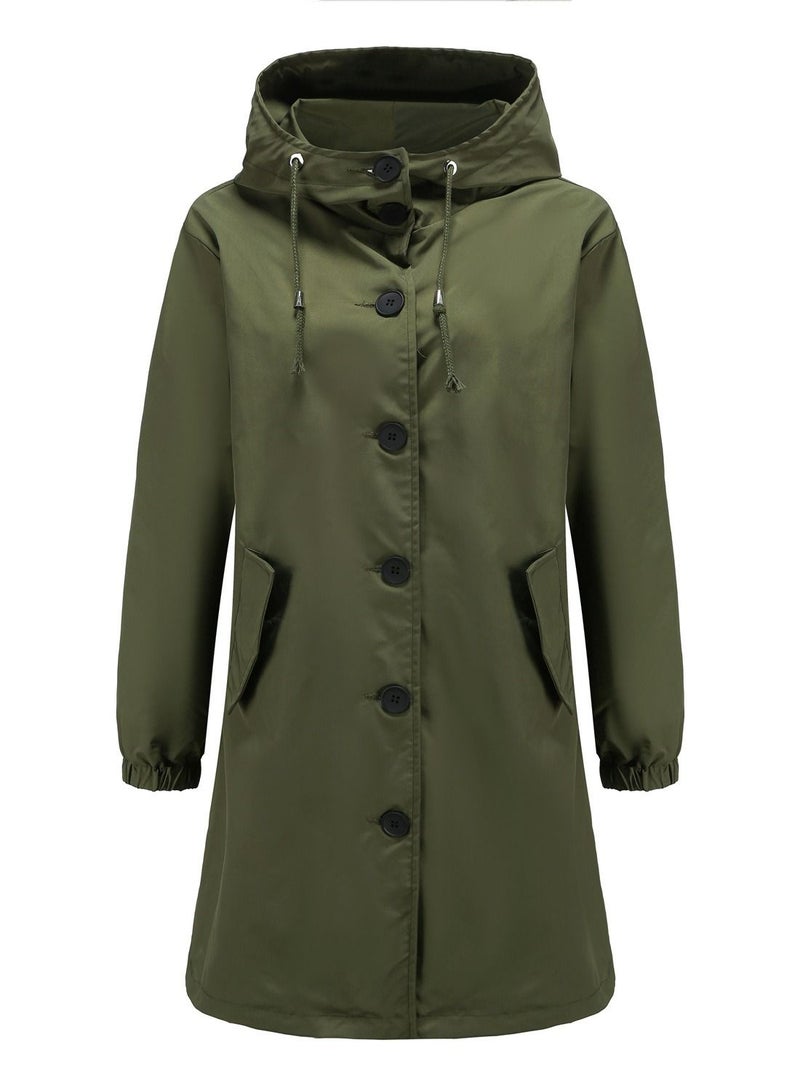 Loquat Women's New Waterproof Hooded Windbreaker Casual Long Coat Army Green  - Image 1
