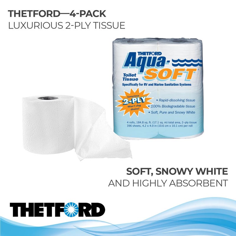 Thetford Aqua-Soft Toilet Tissue - Toilet Paper for RV and marine - 2-ply - Thetford 03300 (Pack of 4 rolls) , White - Image 2