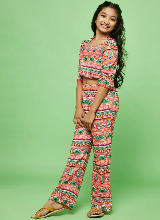 AKS Printed Silk Blend Top and Trousers Set for Girls
