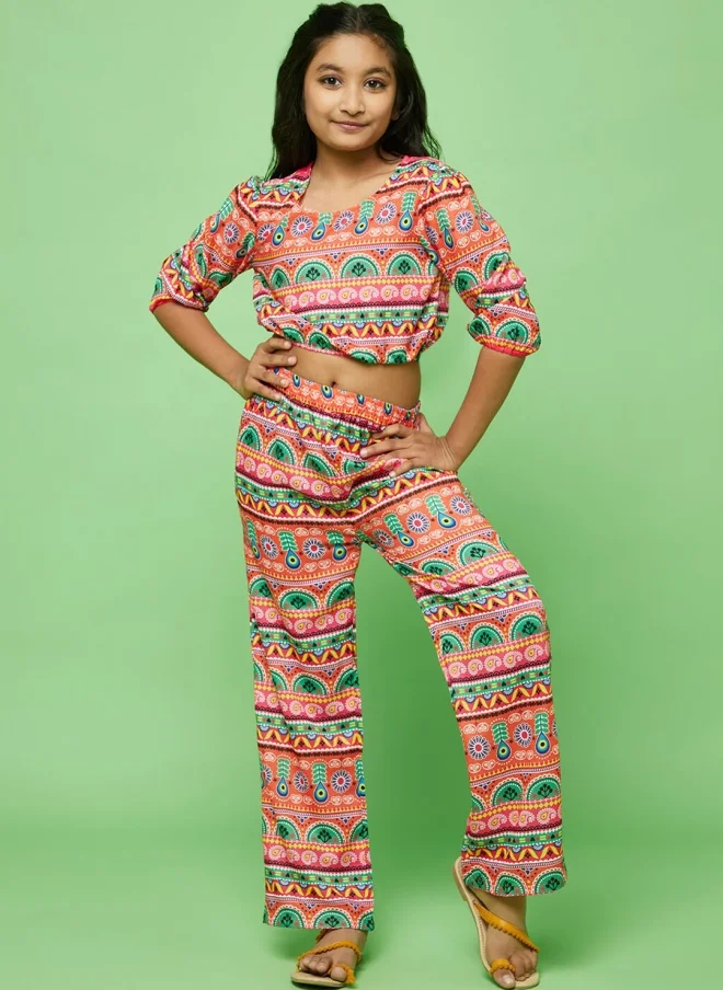 AKS Printed Silk Blend Top and Trousers Set for Girls
