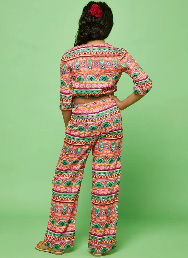 AKS Printed Silk Blend Top and Trousers Set for Girls