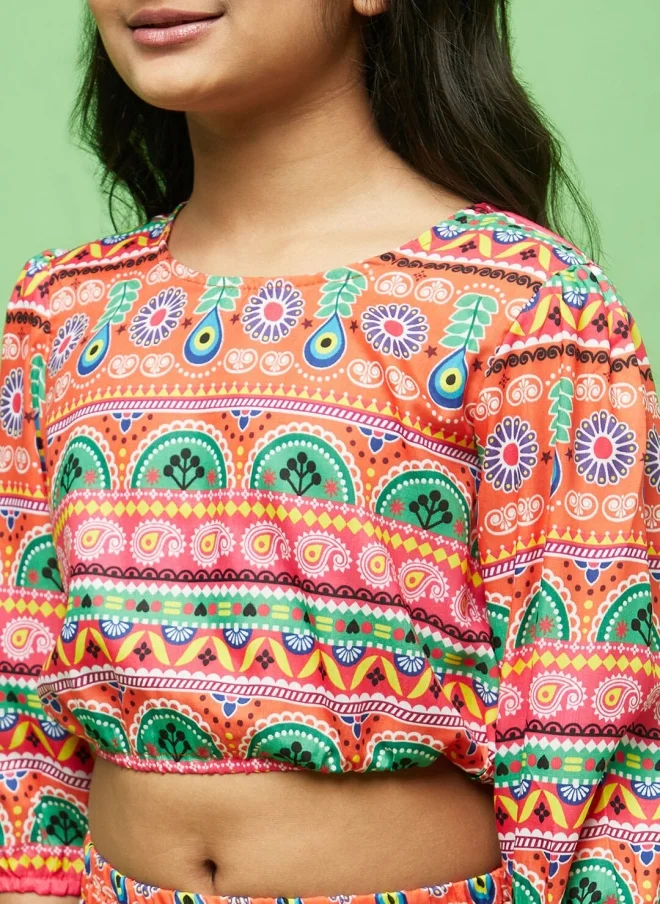AKS Printed Silk Blend Top and Trousers Set for Girls