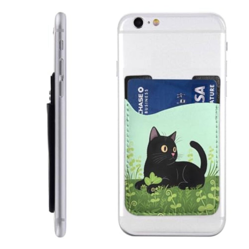 Black Cat In Grass Phone Card Holder Cute Cat Leather Phone Wallet Stick On Adhesive Card Holder - Image 1