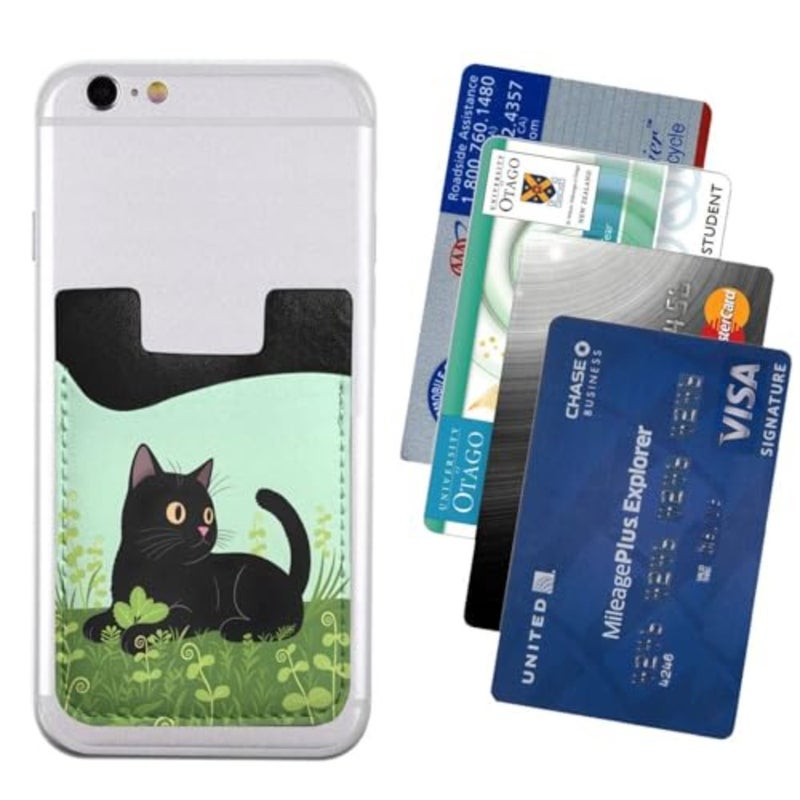 Black Cat In Grass Phone Card Holder Cute Cat Leather Phone Wallet Stick On Adhesive Card Holder - Image 2