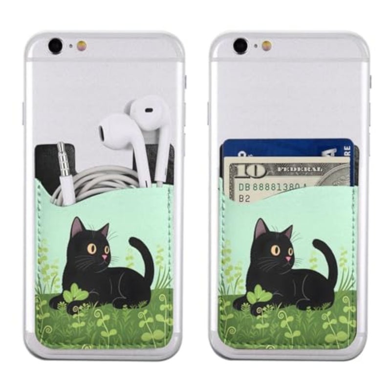 Black Cat In Grass Phone Card Holder Cute Cat Leather Phone Wallet Stick On Adhesive Card Holder - Image 5