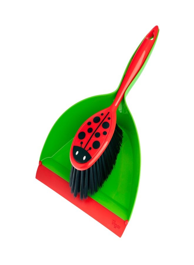 Vigar Ladybug Dust Pan and Brush Handy Set, 12-3/4-Inches, Green, Red, Black - Image 1