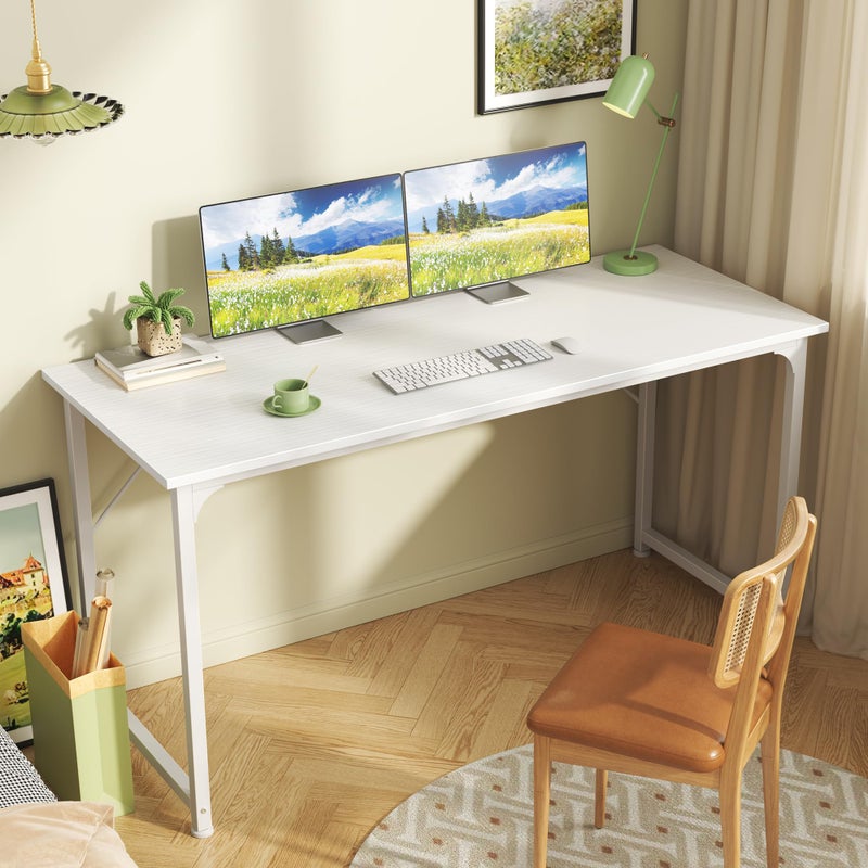 Huuger Computer Desk, 55 Inch Home Office Desk, Gaming Writing Work from Home Study Desk, Large Legroom, Sturdy Metal Frame, Modern Simple, White - Image 2