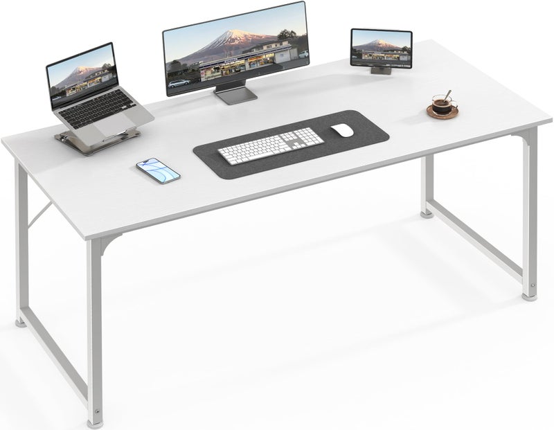 Huuger Computer Desk, 55 Inch Home Office Desk, Gaming Writing Work from Home Study Desk, Large Legroom, Sturdy Metal Frame, Modern Simple, White - Image 1