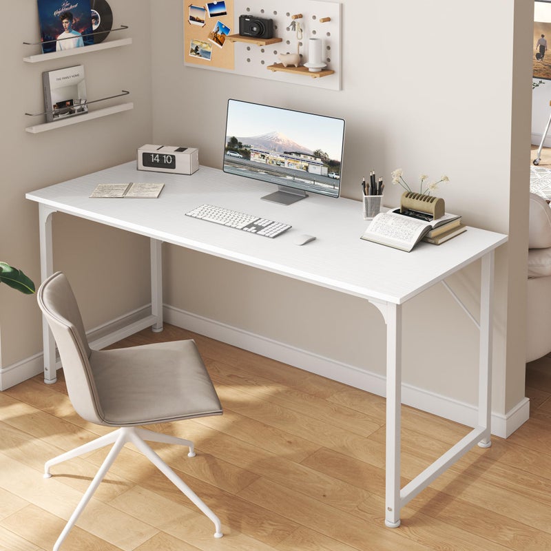 Huuger Computer Desk, 55 Inch Home Office Desk, Gaming Writing Work from Home Study Desk, Large Legroom, Sturdy Metal Frame, Modern Simple, White - Image 4