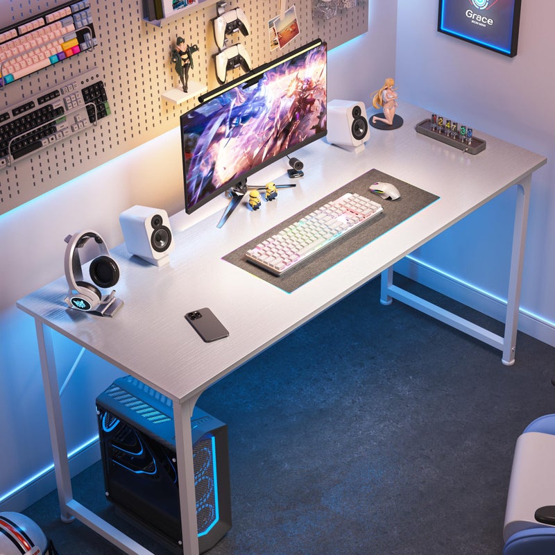 Huuger Computer Desk, 55 Inch Home Office Desk, Gaming Writing Work from Home Study Desk, Large Legroom, Sturdy Metal Frame, Modern Simple, White - Image 3