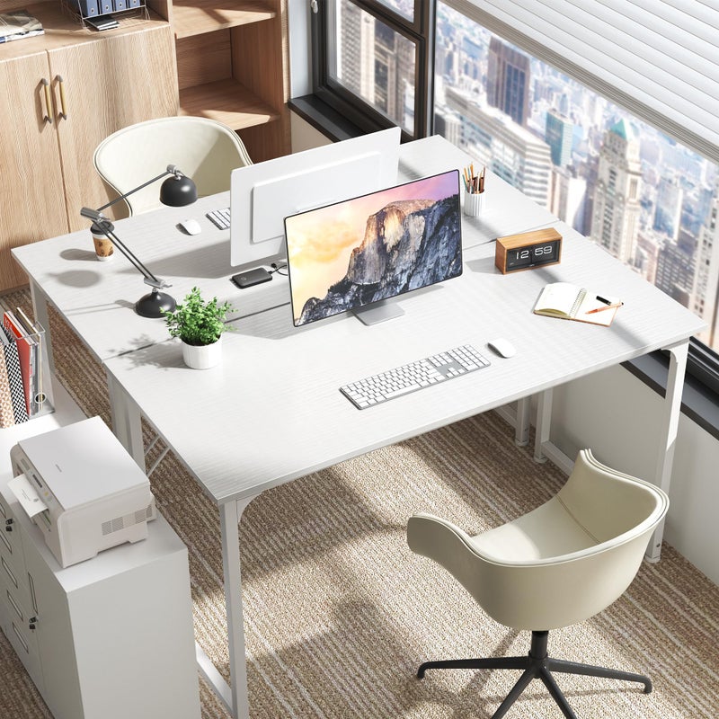 Huuger Computer Desk, 55 Inch Home Office Desk, Gaming Writing Work from Home Study Desk, Large Legroom, Sturdy Metal Frame, Modern Simple, White - Image 5