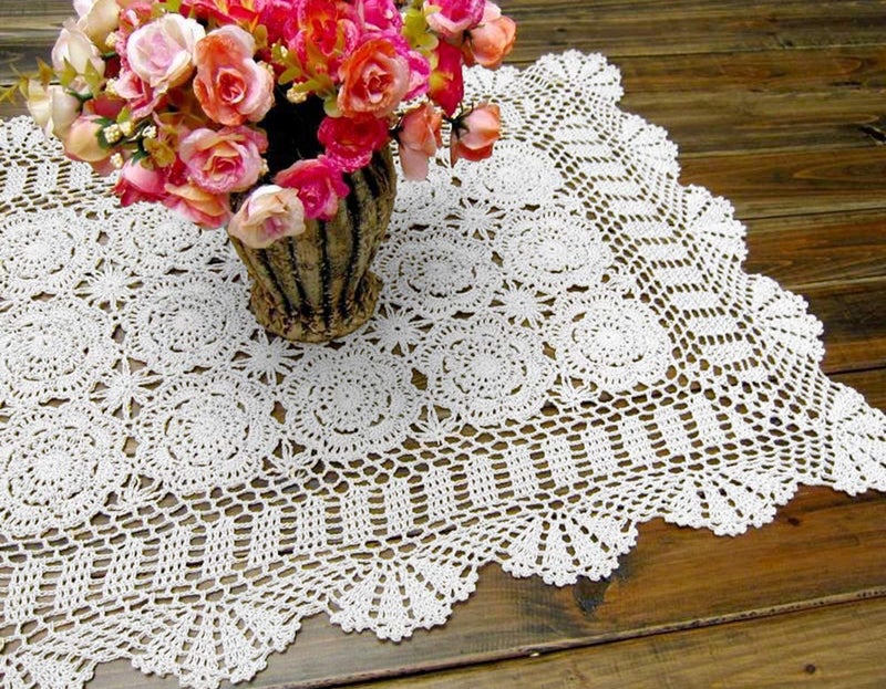 Damanni Rectangular Cotton Handmade Crochet Lace Table Runner Doilies Table Dresser Scarf Dcor19 Inch by 31 InchWhite