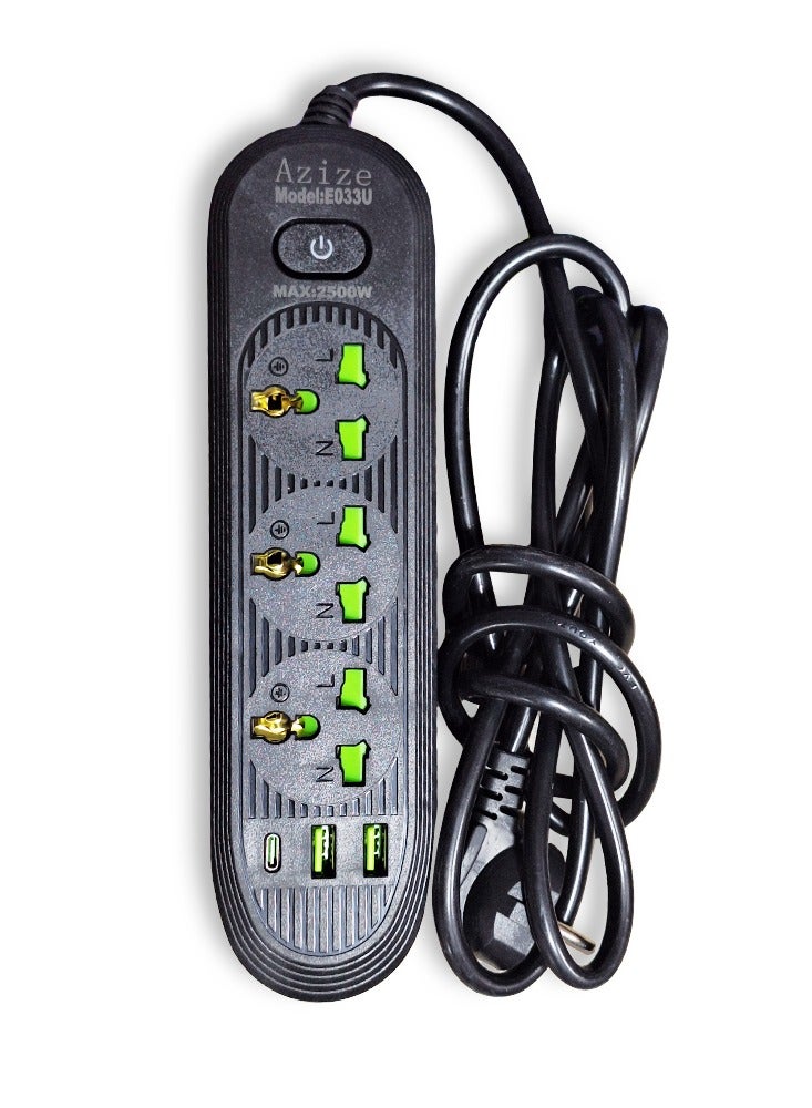 Safety Electric Power Outlets Sockets E033U , Multi Power Strip Surge Protector With 3 Outlets 2500W , Fast Charging Power Plug Extension Socket with 2 USB Port and 1 Type-C - Black  - Image 1