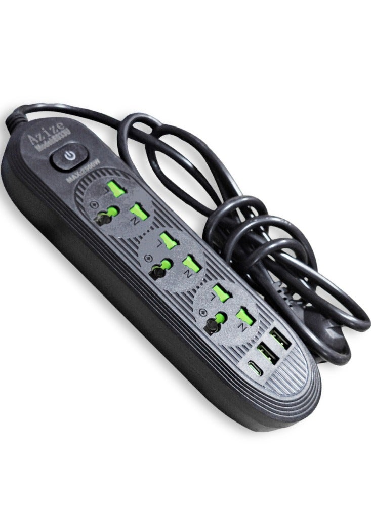 Safety Electric Power Outlets Sockets E033U , Multi Power Strip Surge Protector With 3 Outlets 2500W , Fast Charging Power Plug Extension Socket with 2 USB Port and 1 Type-C - Black  - Image 2