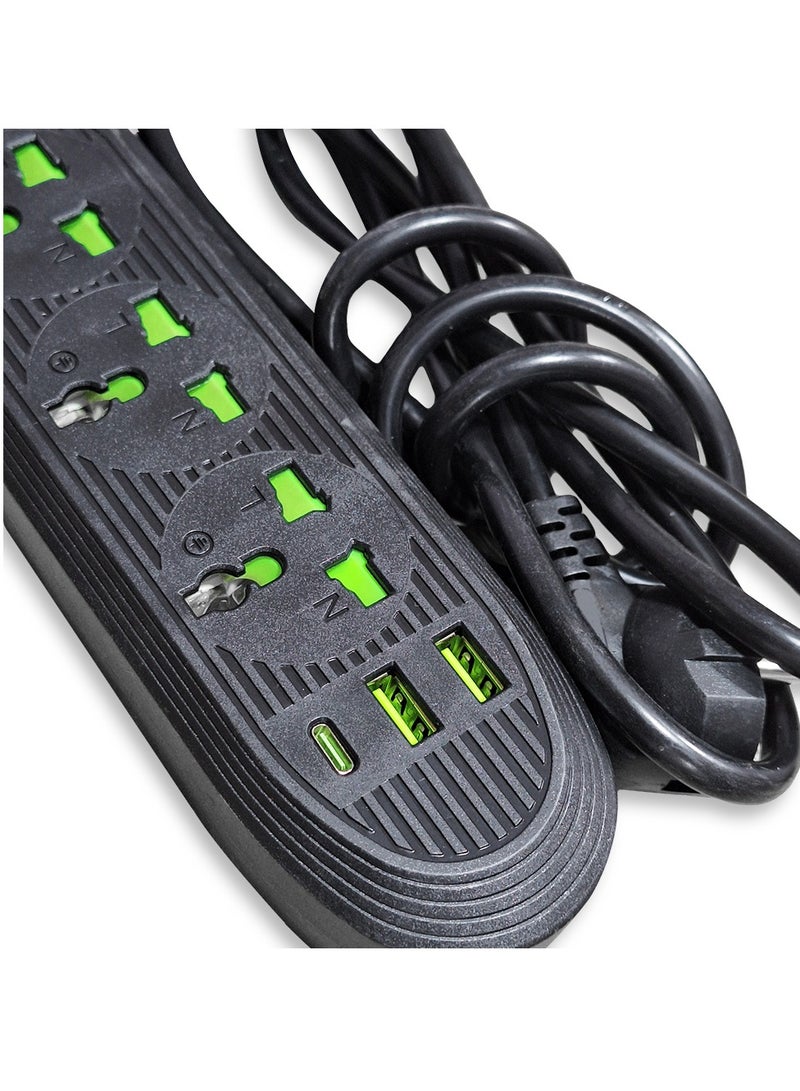 Safety Electric Power Outlets Sockets E033U , Multi Power Strip Surge Protector With 3 Outlets 2500W , Fast Charging Power Plug Extension Socket with 2 USB Port and 1 Type-C - Black  - Image 3