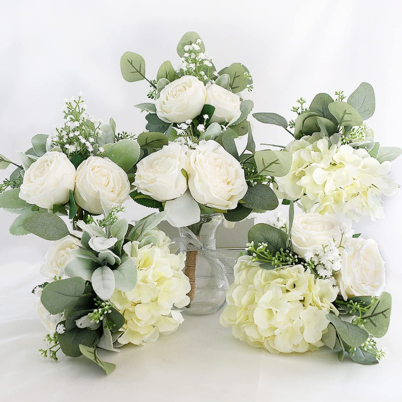 SEMONONIA Bridesmaid Bouquets Set of 6 - Ivory White Artificial Flowers Bouquet for Bridesmaids Wedding Small Floral Centerpieces for Marriage Proposal Party Anniversary Dining Table Decor -7 Inch - Image 4