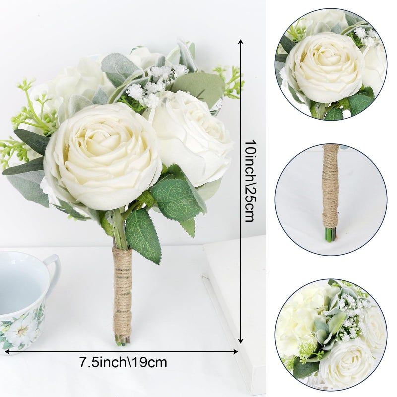 SEMONONIA Bridesmaid Bouquets Set of 6 - Ivory White Artificial Flowers Bouquet for Bridesmaids Wedding Small Floral Centerpieces for Marriage Proposal Party Anniversary Dining Table Decor -7 Inch - Image 5