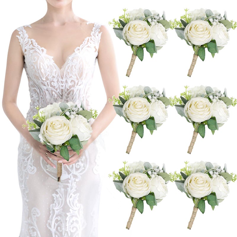 SEMONONIA Bridesmaid Bouquets Set of 6 - Ivory White Artificial Flowers Bouquet for Bridesmaids Wedding Small Floral Centerpieces for Marriage Proposal Party Anniversary Dining Table Decor -7 Inch - Image 1