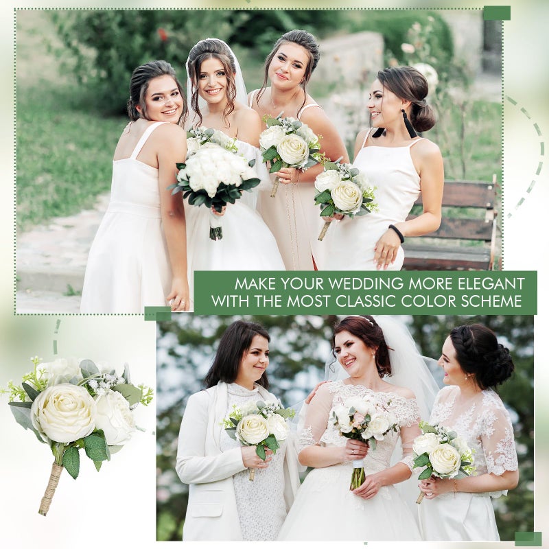 SEMONONIA Bridesmaid Bouquets Set of 6 - Ivory White Artificial Flowers Bouquet for Bridesmaids Wedding Small Floral Centerpieces for Marriage Proposal Party Anniversary Dining Table Decor -7 Inch - Image 3