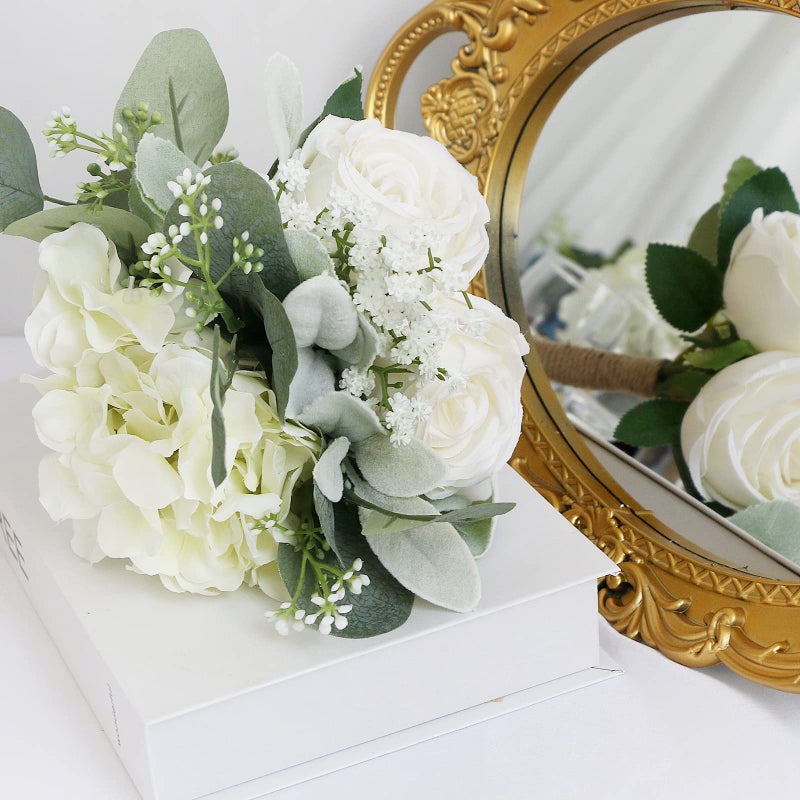 SEMONONIA Bridesmaid Bouquets Set of 6 - Ivory White Artificial Flowers Bouquet for Bridesmaids Wedding Small Floral Centerpieces for Marriage Proposal Party Anniversary Dining Table Decor -7 Inch - Image 2