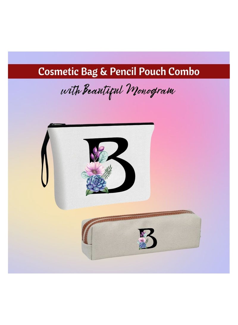 PRINTSHOP4ME Initial Monogram Cosmetic Bag And Floral Pencil Pouch-A-Z Letter Monogram Set For Girls&Women-Gift Set For Friends,Daughters Or Coworkers-Ideal For School,Work&Travel - Image 2