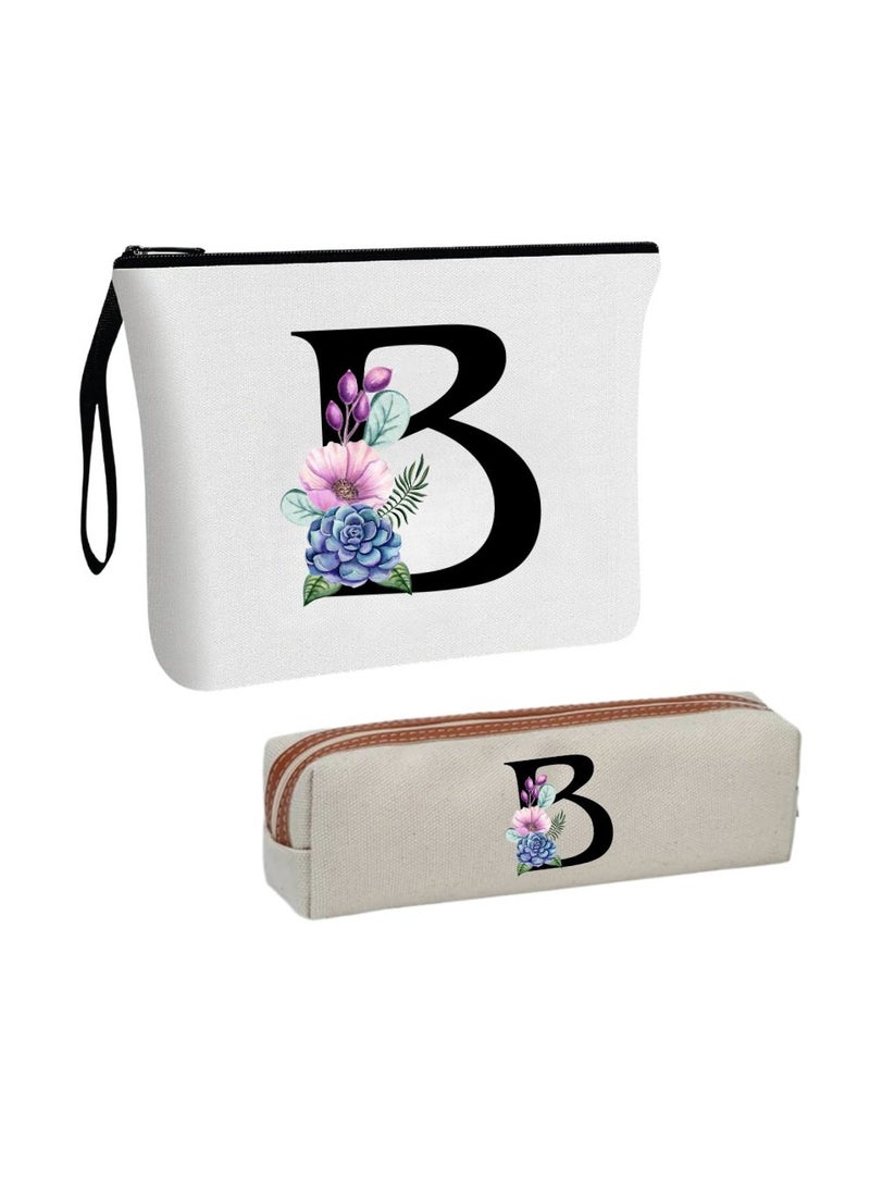 PRINTSHOP4ME Initial Monogram Cosmetic Bag And Floral Pencil Pouch-A-Z Letter Monogram Set For Girls&Women-Gift Set For Friends,Daughters Or Coworkers-Ideal For School,Work&Travel - Image 1