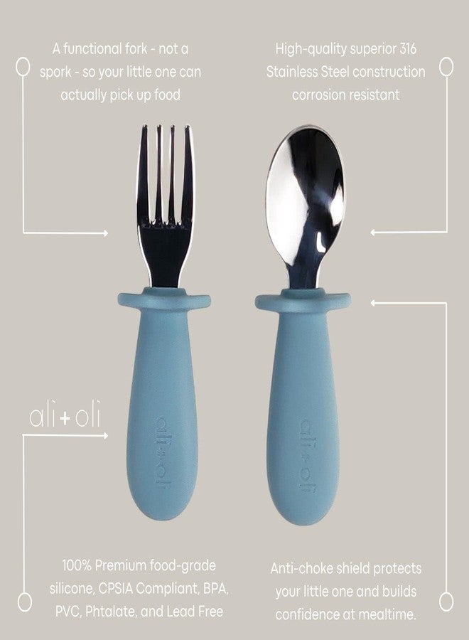 Ali+Oli Spoon & Fork Learning Set for Toddlers (Powder Blue) 6m+ Grab Easy BPA Free Food-Grade Silicone Handle, Kids Silverware Self Feeding Baby Utensil, Multi-stage Baby Feeding Set Ergonomic Design - Image 3