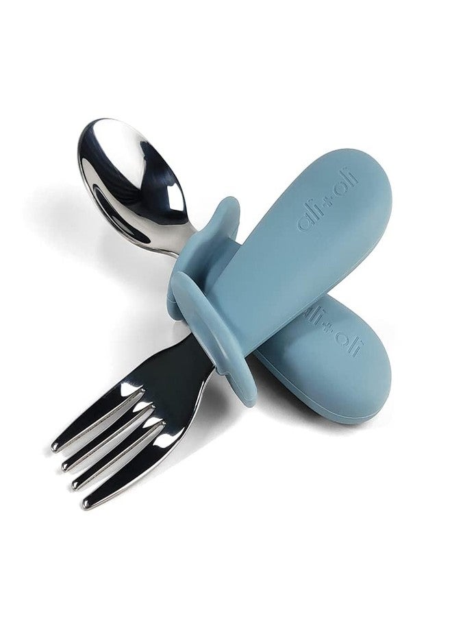 Ali+Oli Spoon & Fork Learning Set for Toddlers (Powder Blue) 6m+ Grab Easy BPA Free Food-Grade Silicone Handle, Kids Silverware Self Feeding Baby Utensil, Multi-stage Baby Feeding Set Ergonomic Design - Image 1