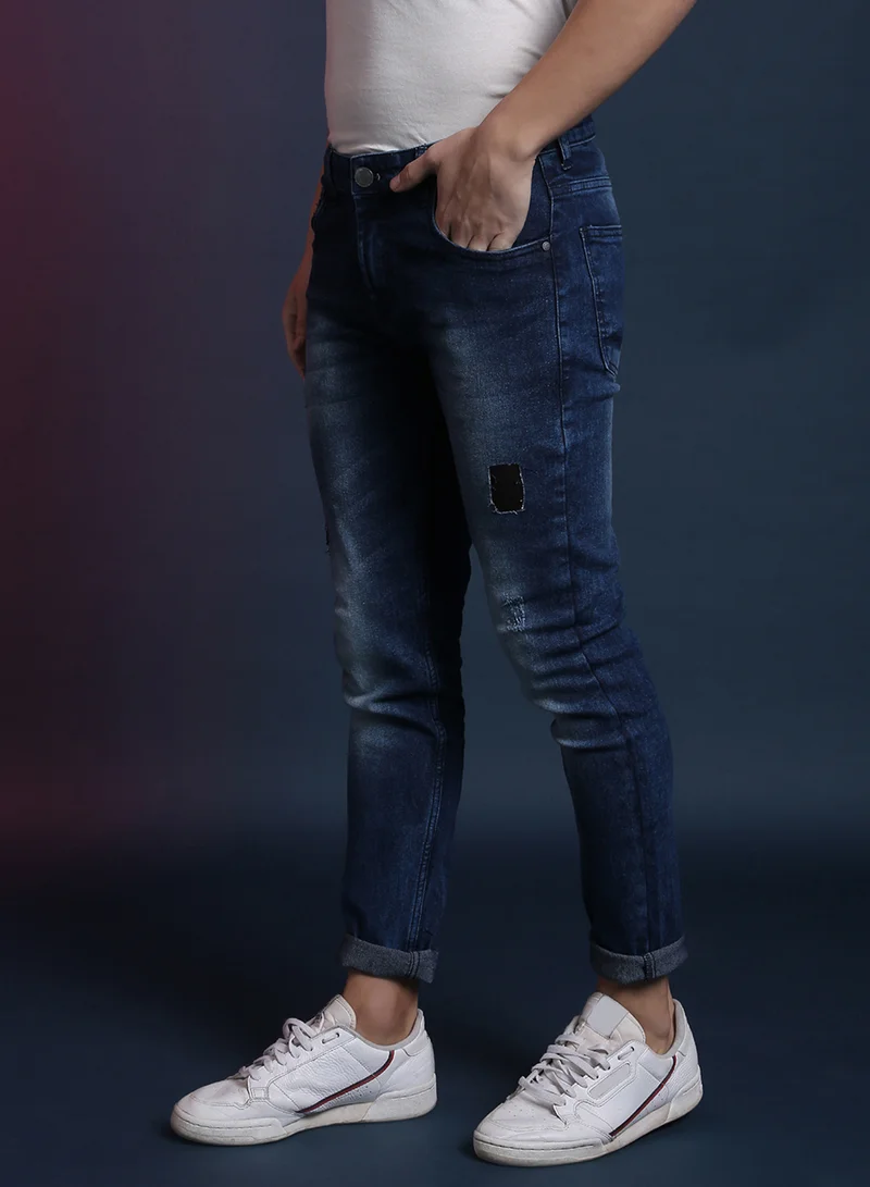 Campus Sutra Campus Sutra Men's Navy Blue Torn Denim Jeans For Casual Wear | Dark-Wash | Regular Fit | Button Closure | Cotton Denim Jeans Crafted With Comfort Fit For Everyday Wear