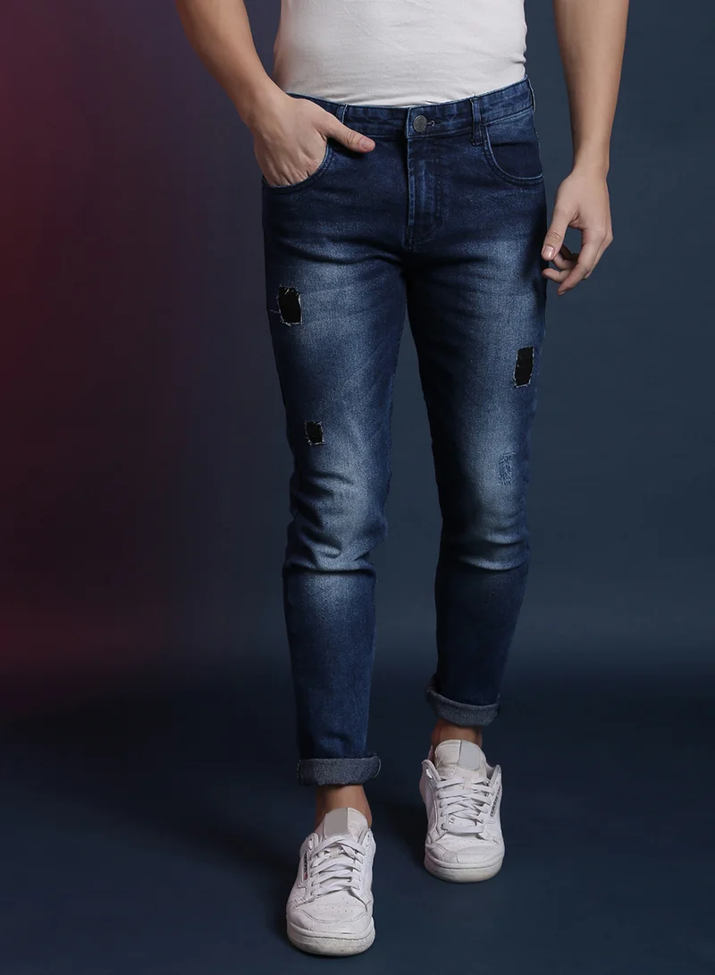 Campus Sutra Campus Sutra Men's Navy Blue Torn Denim Jeans For Casual Wear | Dark-Wash | Regular Fit | Button Closure | Cotton Denim Jeans Crafted With Comfort Fit For Everyday Wear