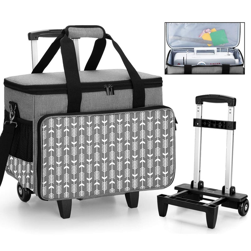 Yarwo Upgraded Rolling Sewing Machine Carrying Case Detachable Trolley Tote Bag with Removable Bottom Board and Thickened Trailer Leg for Most Standard Sewing Machine and Accessories Gray with Arrow