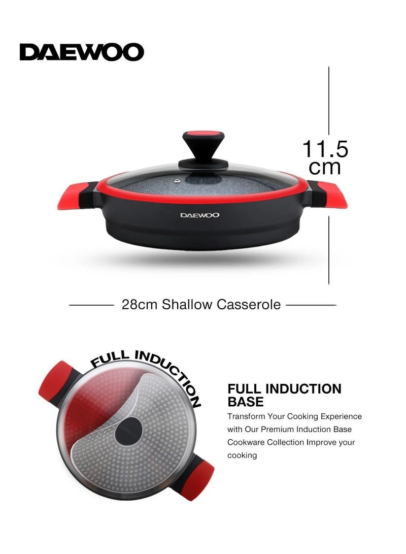 DAEWOO دايو 28 سم طاجن ضحل من الألمنيوم المصبوب مع غطاء، طلاء جرانيت غير لاصق، قاعدة تحريض كاملة، مقHandles باردة، أدوات سيليكون وحماة أواني، أحمر، خالي من المواد الكيميائية - Image 4