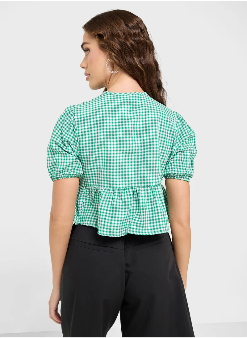 جينجر Gingham Tie Up Detail Peplum Blouse